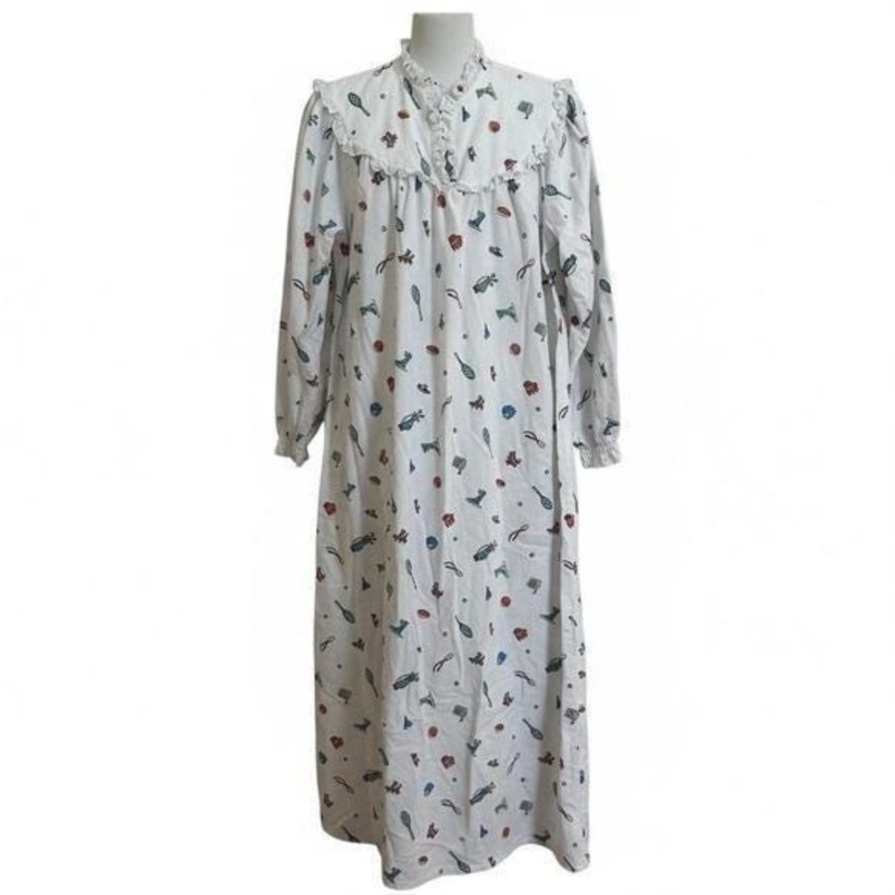 Lanz of Salzburg Vintage Sports Novelty Flannel Nightgown White Maxi